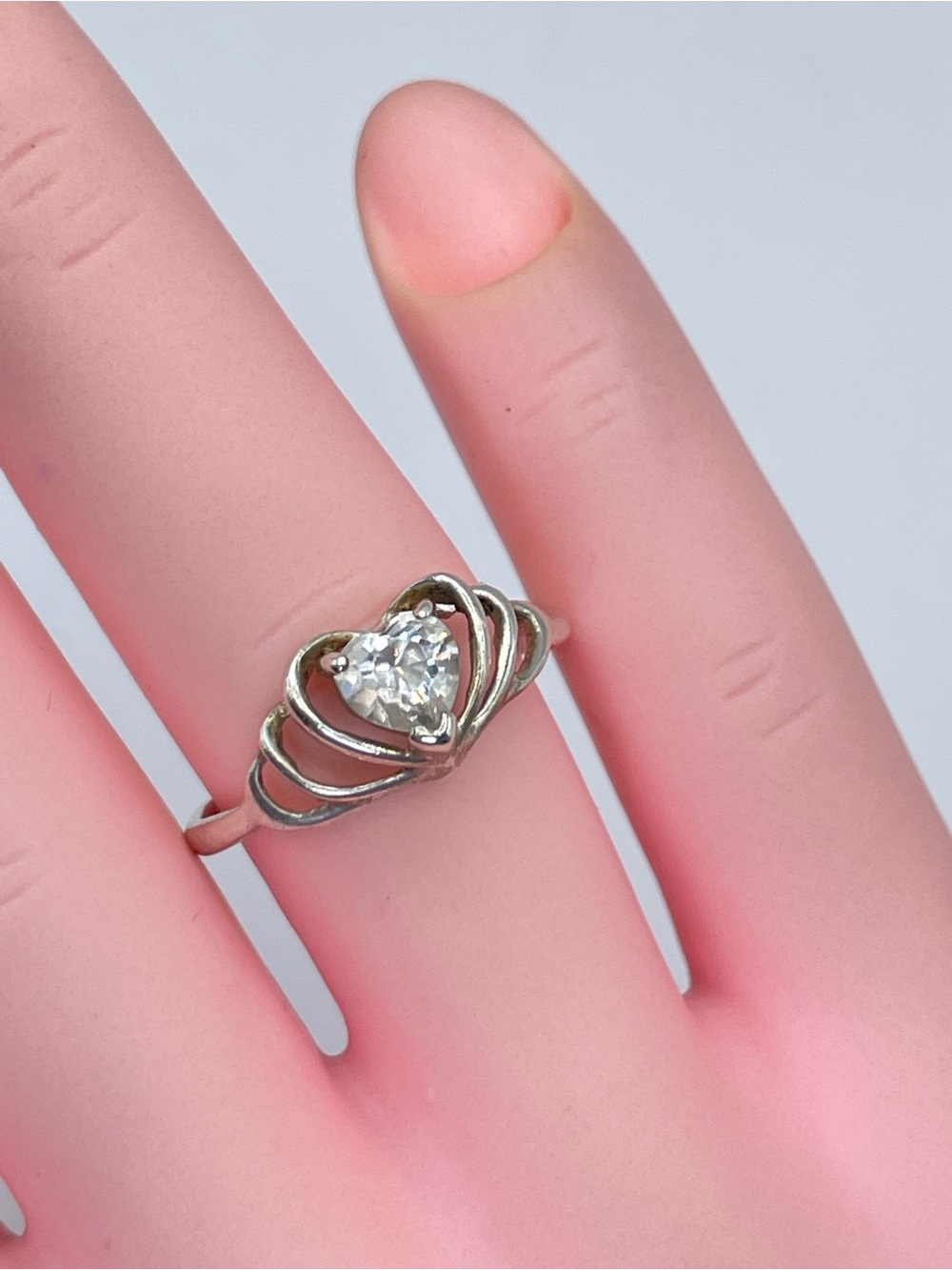 Sterling Silver Clear Crystal Heart Swirl Ring Romantic Dainty Style